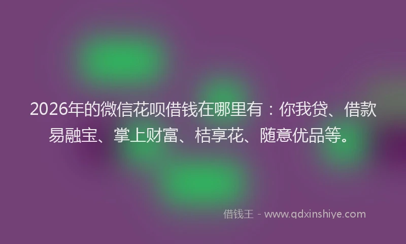 2026年的微信花呗借钱在哪里有：你我贷、借款易融宝、掌上财富、桔享花、随意优品等。