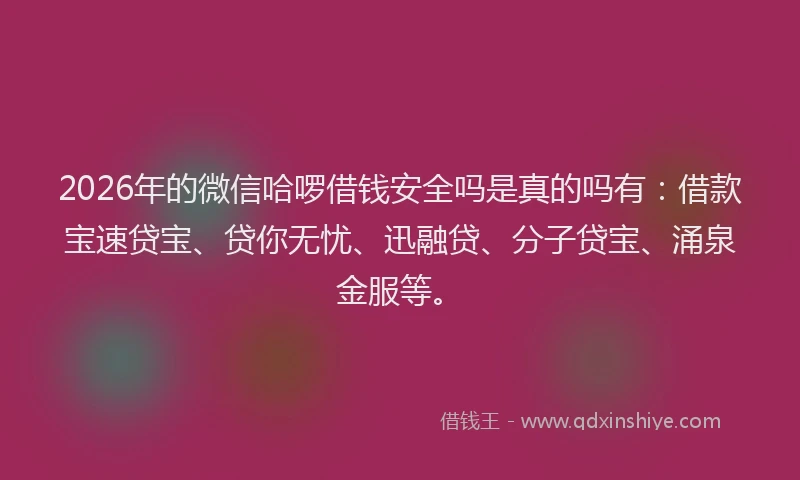 2026年的微信哈啰借钱安全吗是真的吗有：借款宝速贷宝、贷你无忧、迅融贷、分子贷宝、涌泉金服等。