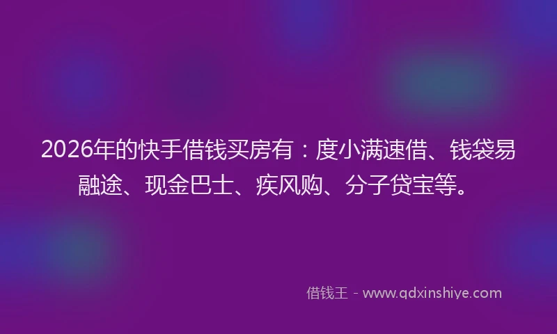 2026年的快手借钱买房有：度小满速借、钱袋易融途、现金巴士、疾风购、分子贷宝等。