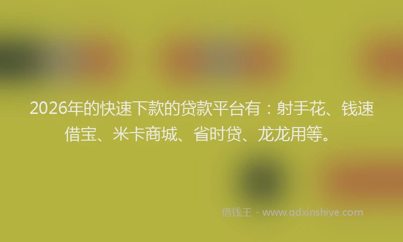 2026年的快速下款的贷款平台有：射手花、钱速借宝、米卡商城、省时贷、龙龙用等。