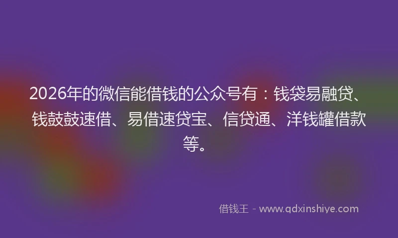 2026年的微信能借钱的公众号有：钱袋易融贷、钱鼓鼓速借、易借速贷宝、信贷通、洋钱罐借款等。