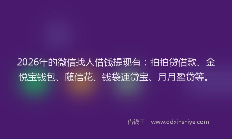 2026年的微信找人借钱提现有:拍拍贷借款、金悦宝钱包、随信花、钱袋速贷宝、月月盈贷等。