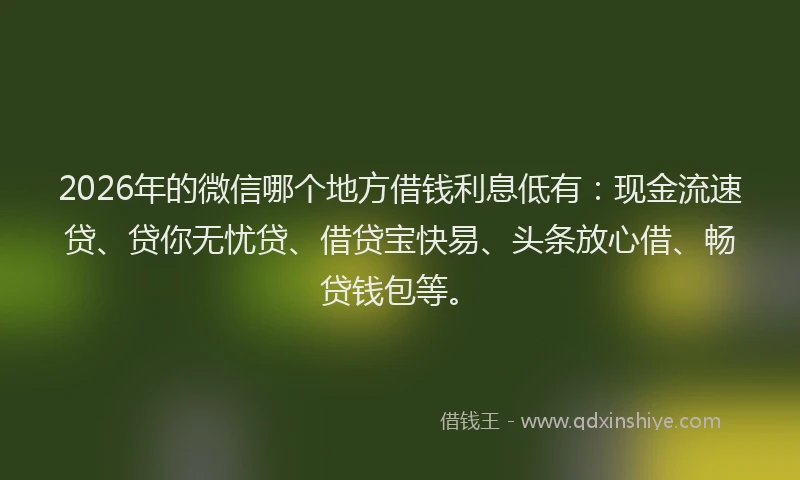 2026年的微信哪个地方借钱利息低有：现金流速贷、贷你无忧贷、借贷宝快易、头条放心借、畅贷钱包等。