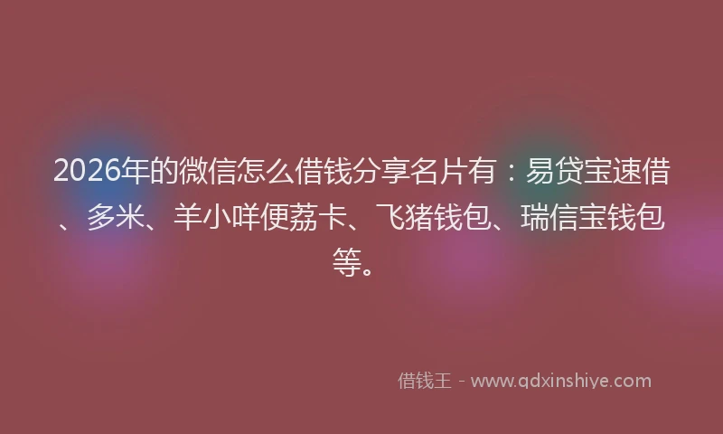 2026年的微信怎么借钱分享名片有：易贷宝速借、多米、羊小咩便荔卡、飞猪钱包、瑞信宝钱包等。