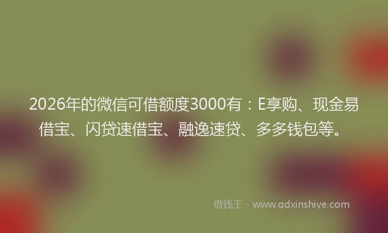 2026年的微信可借额度3000有：E享购、现金易借宝、闪贷速借宝、融逸速贷、多多钱包等。