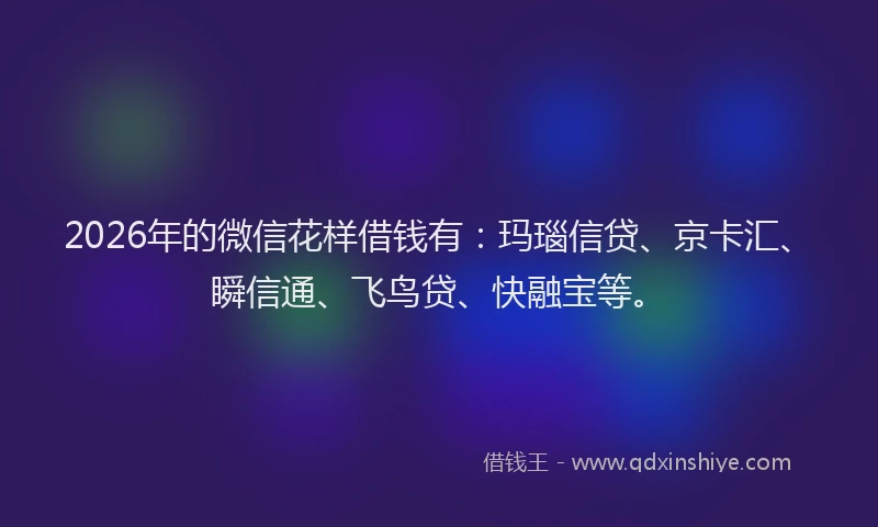 2026年的微信花样借钱有:玛瑙信贷、京卡汇、瞬信通、飞鸟贷、快融宝等。