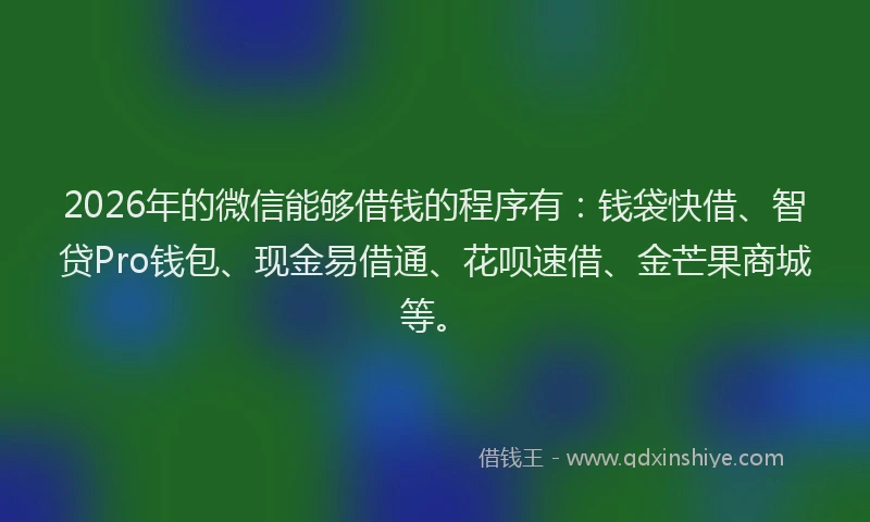 2026年的微信能够借钱的程序有：钱袋快借、智贷Pro钱包、现金易借通、花呗速借、金芒果商城等。
