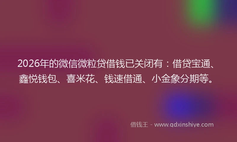 2026年的微信微粒贷借钱已关闭有:借贷宝通、鑫悦钱包、喜米花、钱速借通、小金象分期等。