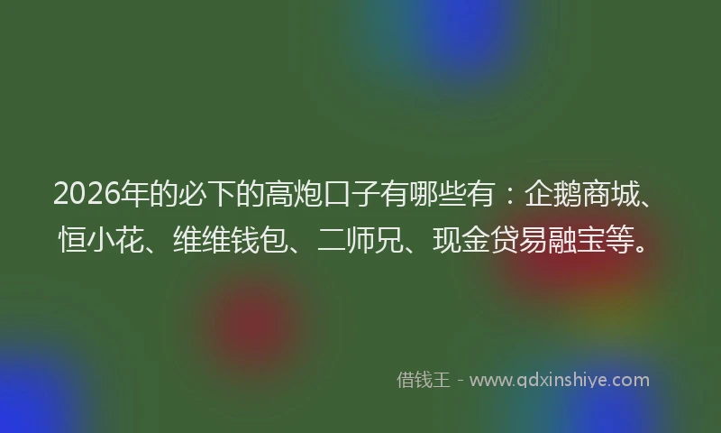 2026年的必下的高炮口子有哪些有：企鹅商城、恒小花、维维钱包、二师兄、现金贷易融宝等。