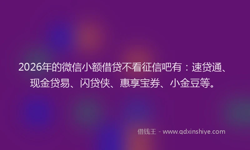 2026年的微信小额借贷不看征信吧有：速贷通、现金贷易、闪贷侠、惠享宝券、小金豆等。
