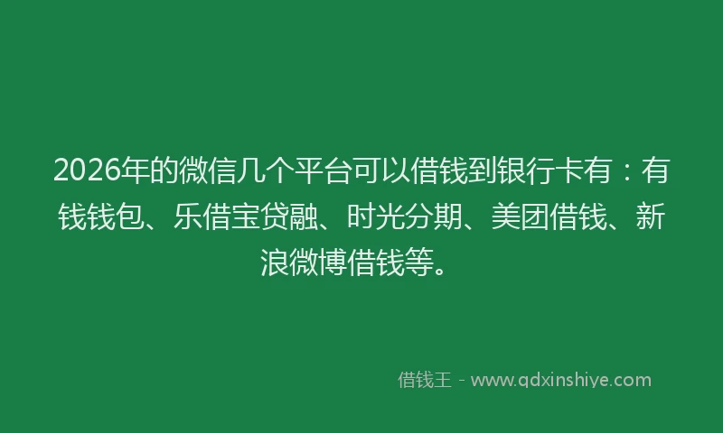 2026年的微信几个平台可以借钱到银行卡有：有钱钱包、乐借宝贷融、时光分期、美团借钱、新浪微博借钱等。