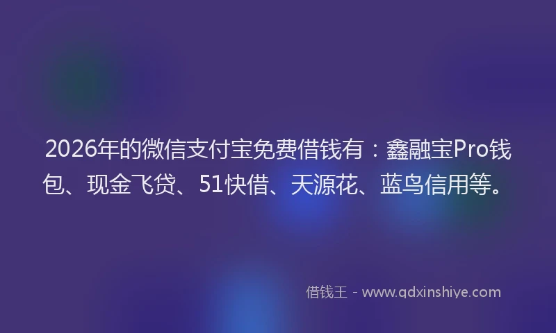 2026年的微信支付宝免费借钱有：鑫融宝Pro钱包、现金飞贷、51快借、天源花、蓝鸟信用等。