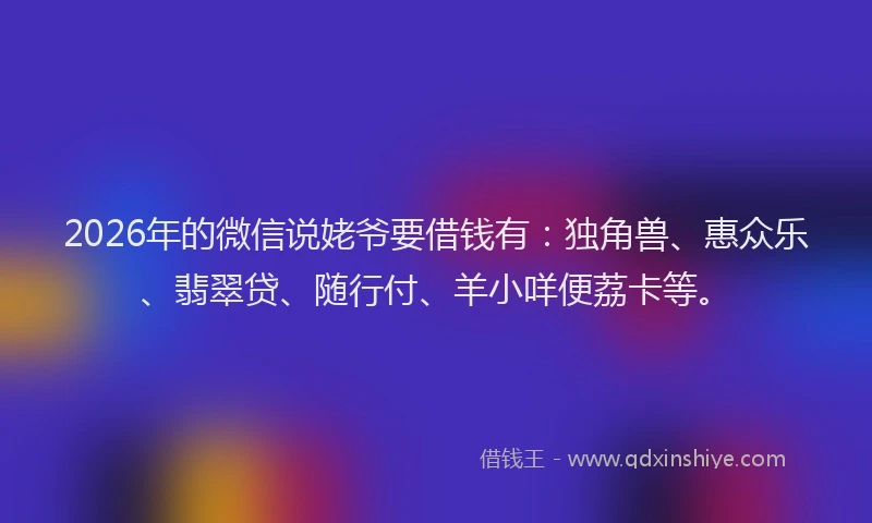 2026年的微信说姥爷要借钱有：独角兽、惠众乐、翡翠贷、随行付、羊小咩便荔卡等。