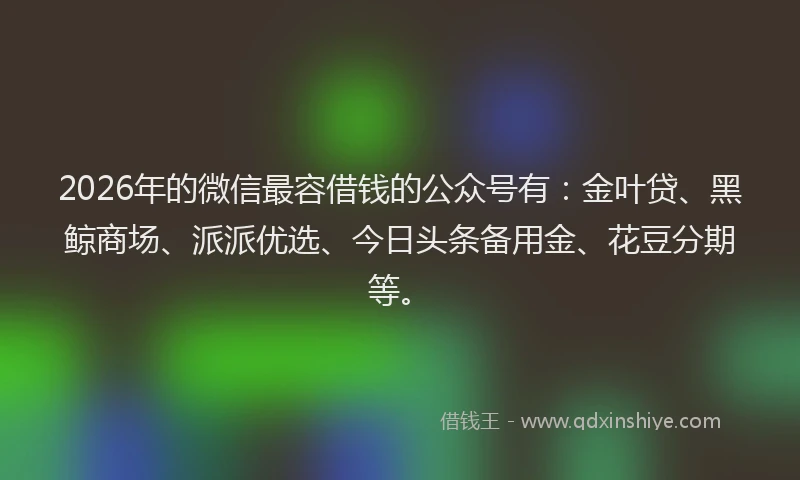 2026年的微信最容借钱的公众号有：金叶贷、黑鲸商场、派派优选、今日头条备用金、花豆分期等。