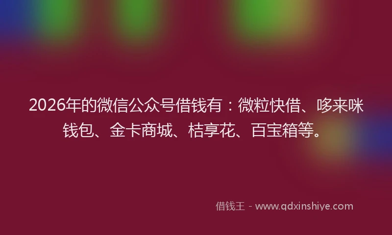 2026年的微信公众号借钱有:微粒快借、哆来咪钱包、金卡商城、桔享花、百宝箱等。