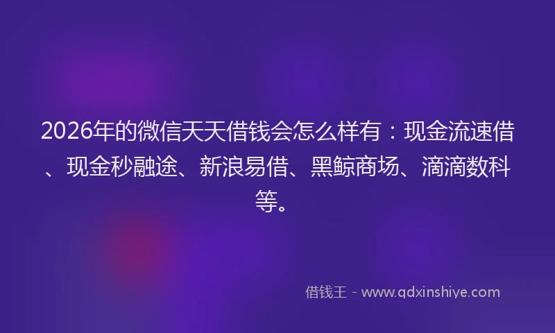 2026年的微信天天借钱会怎么样有:现金流速借、现金秒融途、新浪易借、黑鲸商场、滴滴数科等。