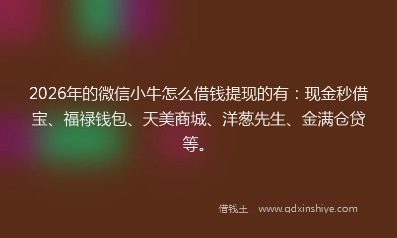 2026年的微信小牛怎么借钱提现的有:现金秒借宝、福禄钱包、天美商城、洋葱先生、金满仓贷等。