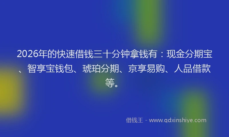 2026年的快速借钱三十分钟拿钱有：现金分期宝、智享宝钱包、琥珀分期、京享易购、人品借款等。