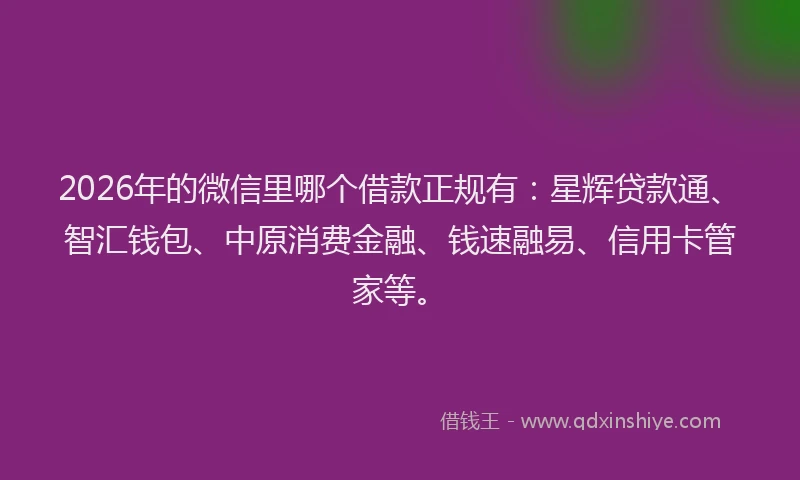 2026年的微信里哪个借款正规有：星辉贷款通、智汇钱包、中原消费金融、钱速融易、信用卡管家等。