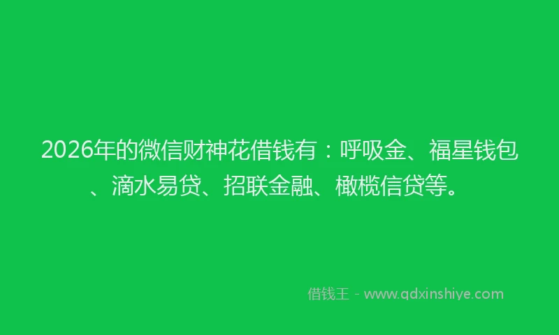 2026年的微信财神花借钱有:呼吸金、福星钱包、滴水易贷、招联金融、橄榄信贷等。
