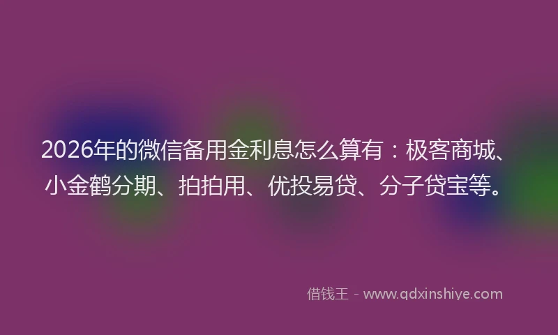 2026年的微信备用金利息怎么算有：极客商城、小金鹤分期、拍拍用、优投易贷、分子贷宝等。
