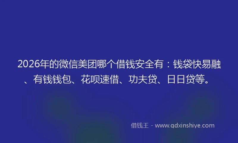 2026年的微信美团哪个借钱安全有:钱袋快易融、有钱钱包、花呗速借、功夫贷、日日贷等。