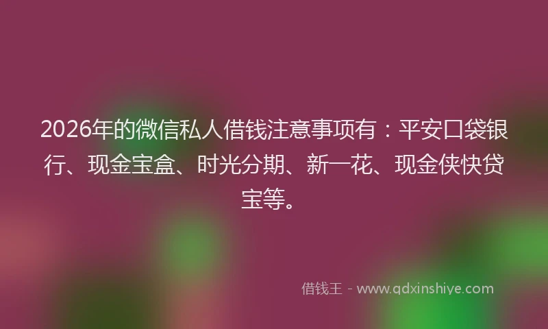 2026年的微信私人借钱注意事项有：平安口袋银行、现金宝盒、时光分期、新一花、现金侠快贷宝等。