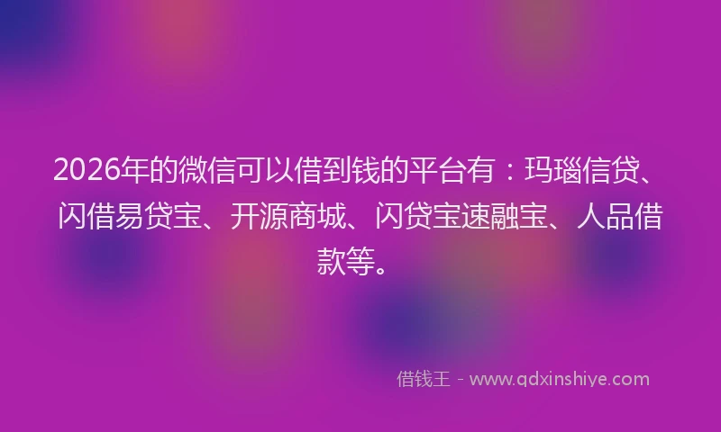 2026年的微信可以借到钱的平台有：玛瑙信贷、闪借易贷宝、开源商城、闪贷宝速融宝、人品借款等。