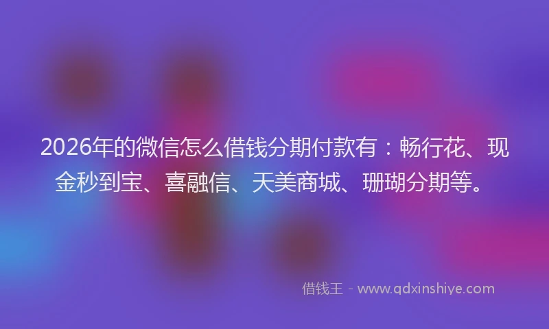 2026年的微信怎么借钱分期付款有：畅行花、现金秒到宝、喜融信、天美商城、珊瑚分期等。