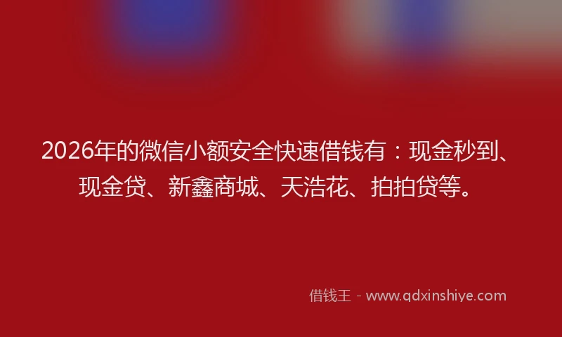 2026年的微信小额安全快速借钱有:现金秒到、现金贷、新鑫商城、天浩花、拍拍贷等。