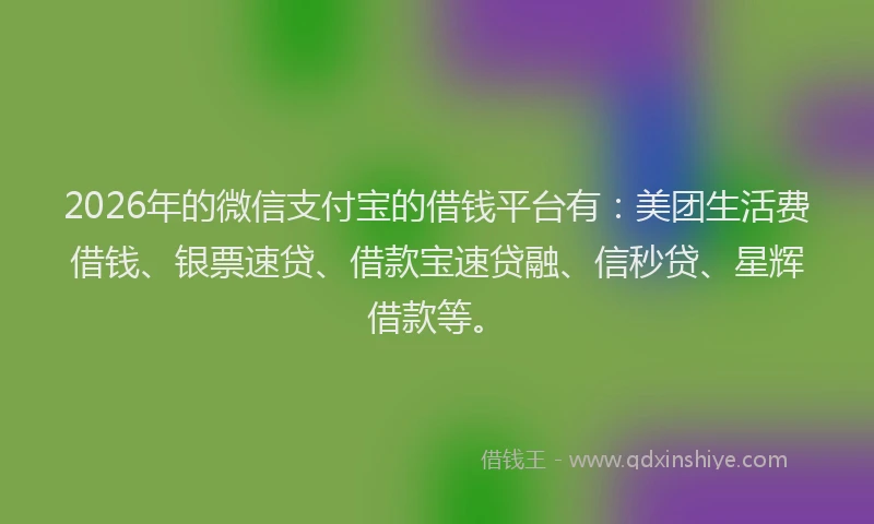 2026年的微信支付宝的借钱平台有：美团生活费借钱、银票速贷、借款宝速贷融、信秒贷、星辉借款等。