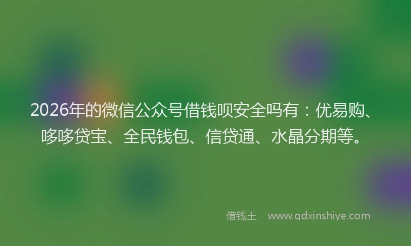 2026年的微信公众号借钱呗安全吗有：优易购、哆哆贷宝、全民钱包、信贷通、水晶分期等。