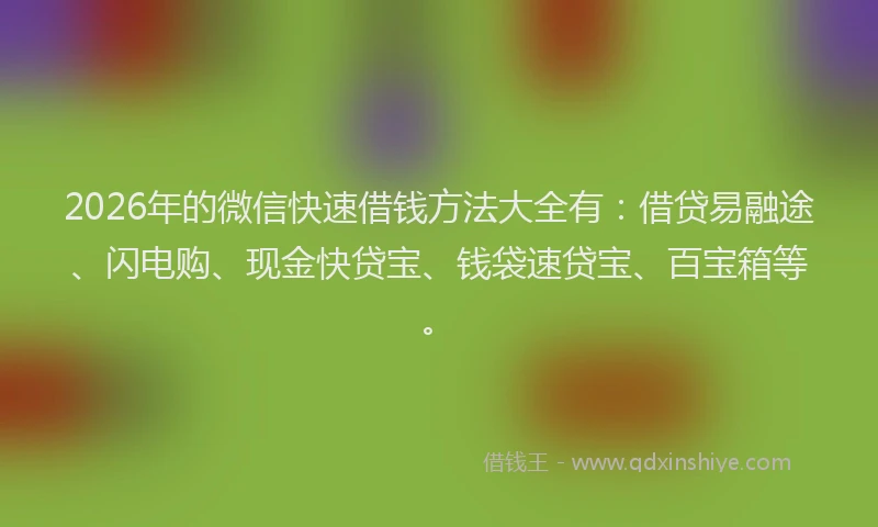 2026年的微信快速借钱方法大全有:借贷易融途、闪电购、现金快贷宝、钱袋速贷宝、百宝箱等。