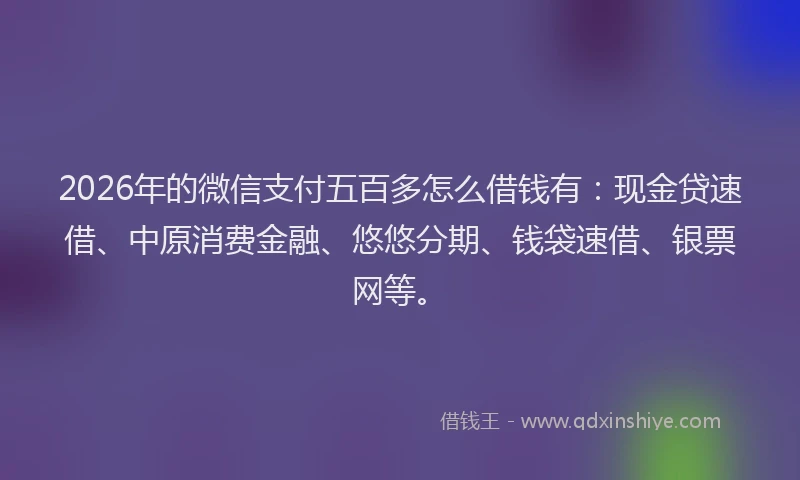 2026年的微信支付五百多怎么借钱有：现金贷速借、中原消费金融、悠悠分期、钱袋速借、银票网等。