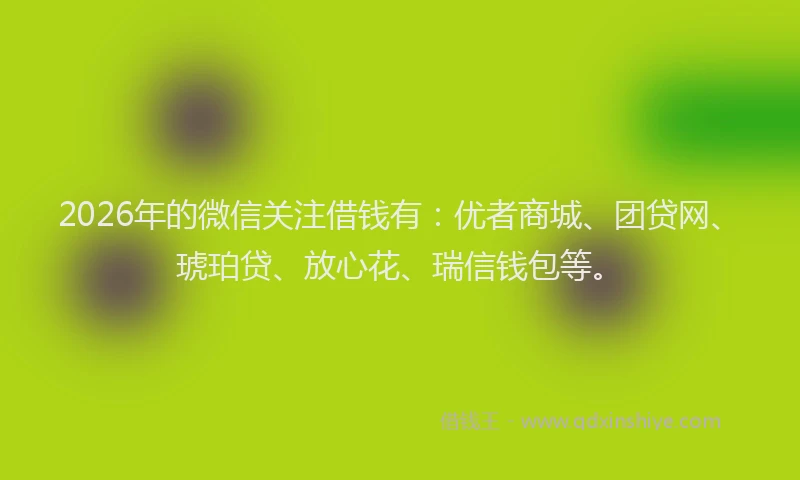 2026年的微信关注借钱有：优者商城、团贷网、琥珀贷、放心花、瑞信钱包等。