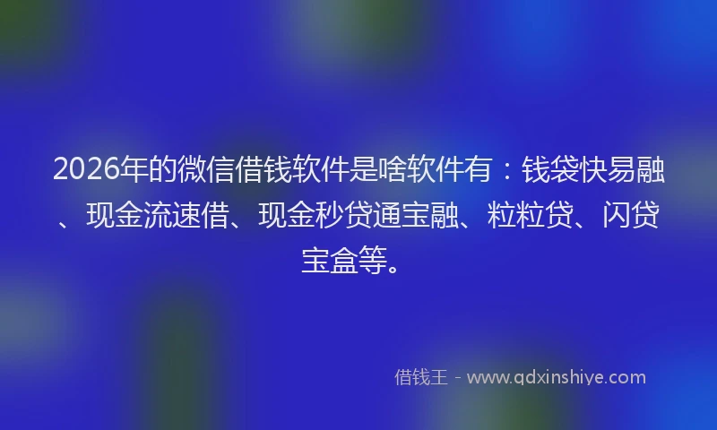 2026年的微信借钱软件是啥软件有:钱袋快易融、现金流速借、现金秒贷通宝融、粒粒贷、闪贷宝盒等。