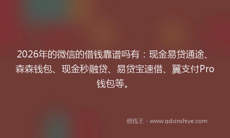 2026年的微信的借钱靠谱吗有：现金易贷通途、森森钱包、现金秒融贷、易贷宝速借、翼支付Pro钱包等。