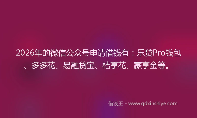 2026年的微信公众号申请借钱有：乐贷Pro钱包、多多花、易融贷宝、桔享花、蒙享金等。