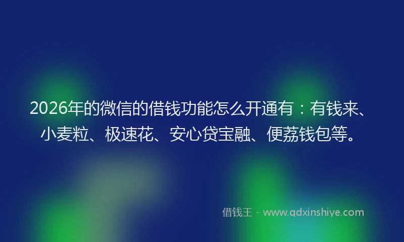 2026年的微信的借钱功能怎么开通有：有钱来、小麦粒、极速花、安心贷宝融、便荔钱包等。