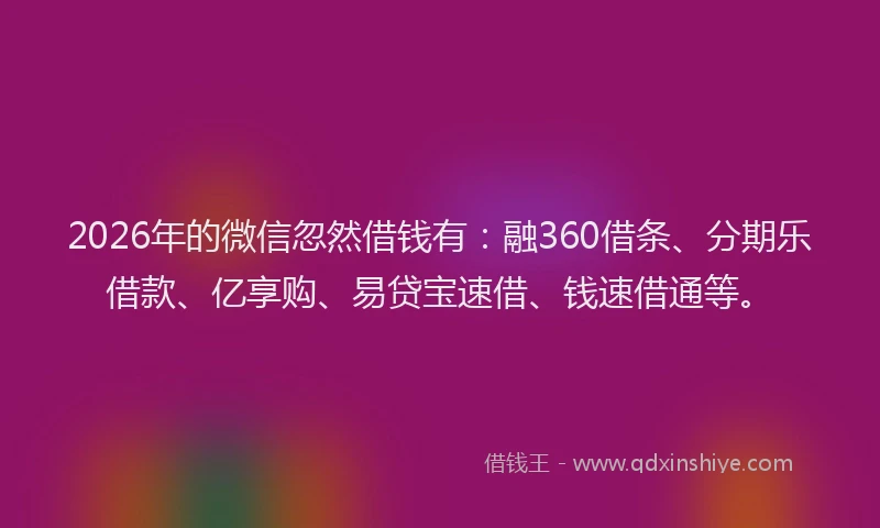 2026年的微信忽然借钱有：融360借条、分期乐借款、亿享购、易贷宝速借、钱速借通等。