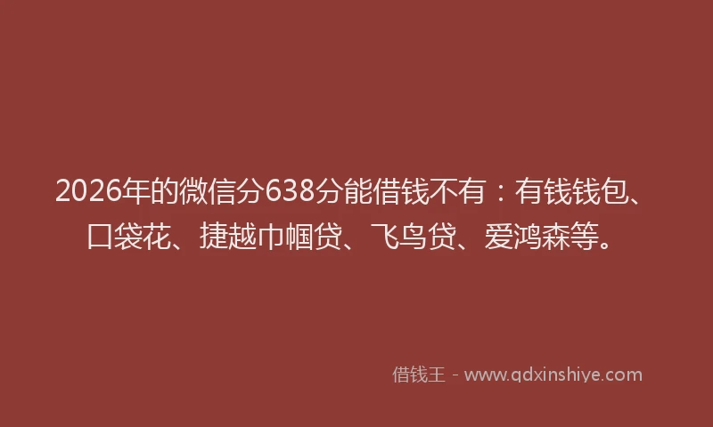 2026年的微信分638分能借钱不有：有钱钱包、口袋花、捷越巾帼贷、飞鸟贷、爱鸿森等。