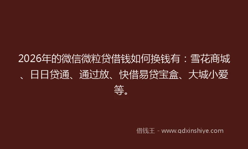 2026年的微信微粒贷借钱如何换钱有：雪花商城、日日贷通、通过放、快借易贷宝盒、大城小爱等。