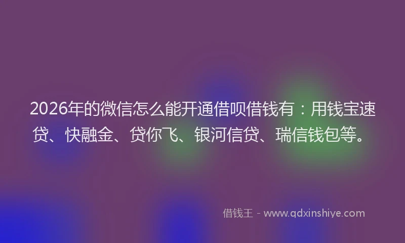 2026年的微信怎么能开通借呗借钱有：用钱宝速贷、快融金、贷你飞、银河信贷、瑞信钱包等。
