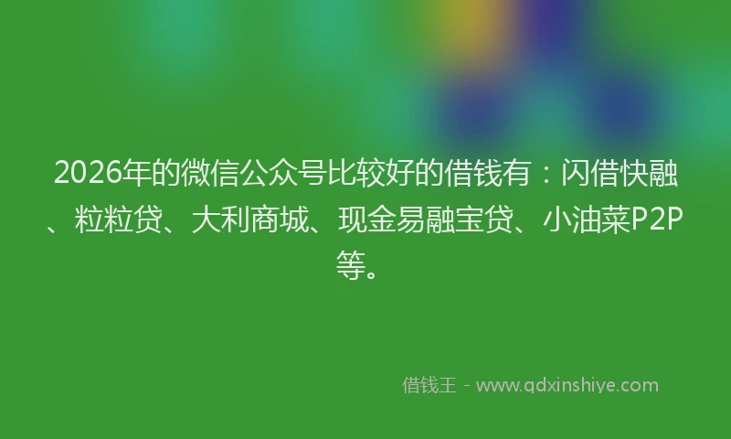 2026年的微信公众号比较好的借钱有：闪借快融、粒粒贷、大利商城、现金易融宝贷、小油菜P2P等。