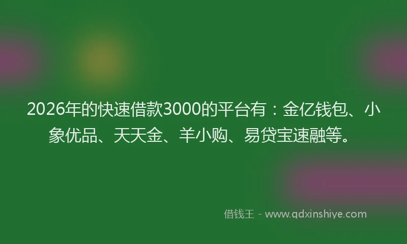 2026年的快速借款3000的平台有：金亿钱包、小象优品、天天金、羊小购、易贷宝速融等。