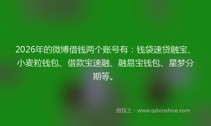 2026年的微博借钱两个账号有：钱袋速贷融宝、小麦粒钱包、借款宝速融、融易宝钱包、星梦分期等。