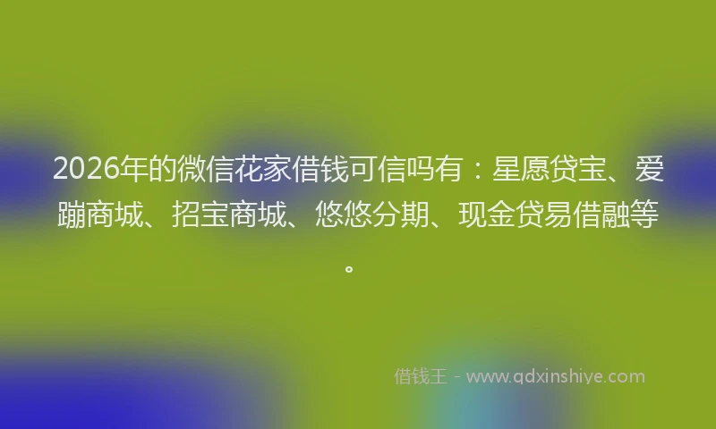 2026年的微信花家借钱可信吗有：星愿贷宝、爱蹦商城、招宝商城、悠悠分期、现金贷易借融等。