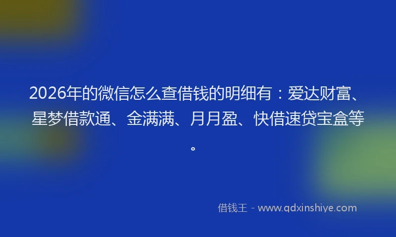 2026年的微信怎么查借钱的明细有：爱达财富、星梦借款通、金满满、月月盈、快借速贷宝盒等。