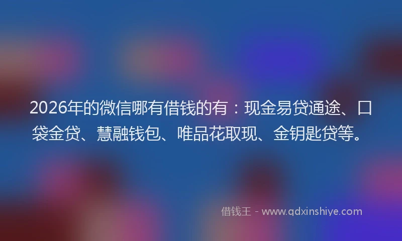2026年的微信哪有借钱的有:现金易贷通途、口袋金贷、慧融钱包、唯品花取现、金钥匙贷等。