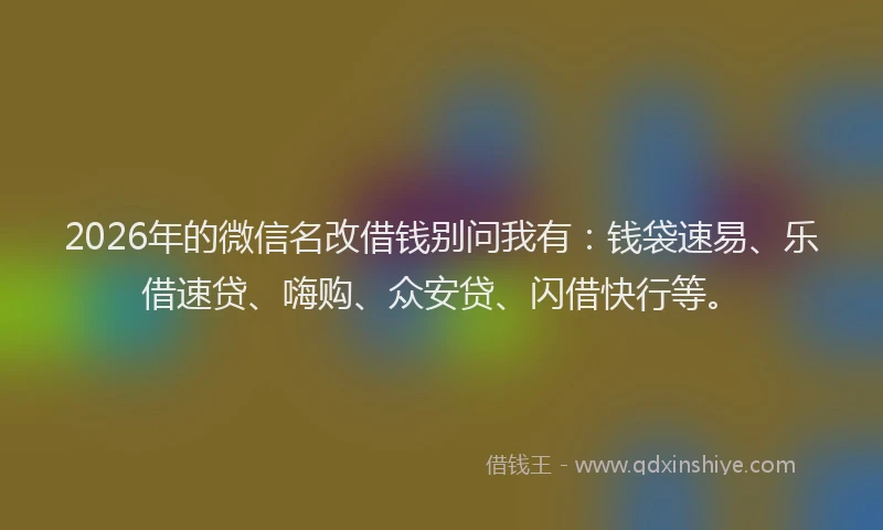 2026年的微信名改借钱别问我有：钱袋速易、乐借速贷、嗨购、众安贷、闪借快行等。